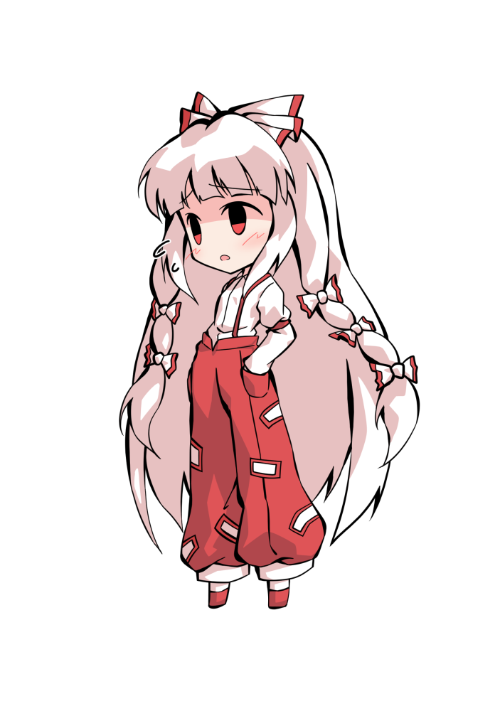 dairi, fujiwara no mokou, touhou, commentary request, large variant set, variant set, 1girl, chibi, chibi only, collared shirt, full body, hands in pockets, long hair, long sleeves, pants, red pants, red shoes, shirt, shoes, sidelocks, socks, solo, suspender pants, tachi-e, transparent background, very long hair, white hair, white shirt, white socks