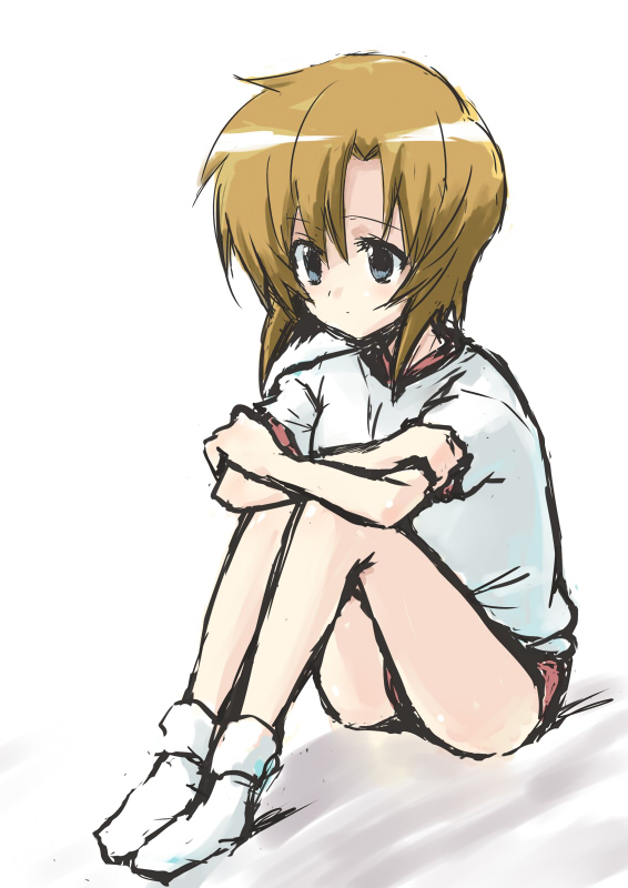 kuropan (crow panther), kurou (artist), ryuuguu rena, higurashi no naku koro ni, 00s, 1girl, brown hair, female focus, gym uniform, short hair, solo