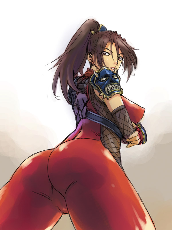 michael f91, taki (soulcalibur), soul calibur, soulcalibur, soulcalibur iv, 1girl, armor, ass, back, bodysuit, breasts, brown eyes, brown hair, crossed arms, female focus, fingerless gloves, from below, gloves, large breasts, latex, long hair, looking back, ninja, ponytail, sideboob, skin tight, solo