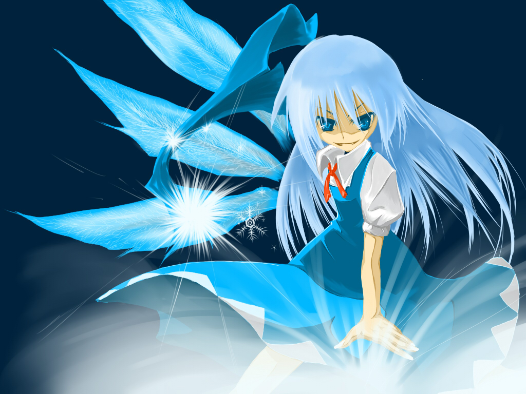 zaki (artist), cirno, embodiment of scarlet devil, touhou, 1girl, alternate hair length, alternate hairstyle, female focus, hair down, ice, long hair, ribbon, solo