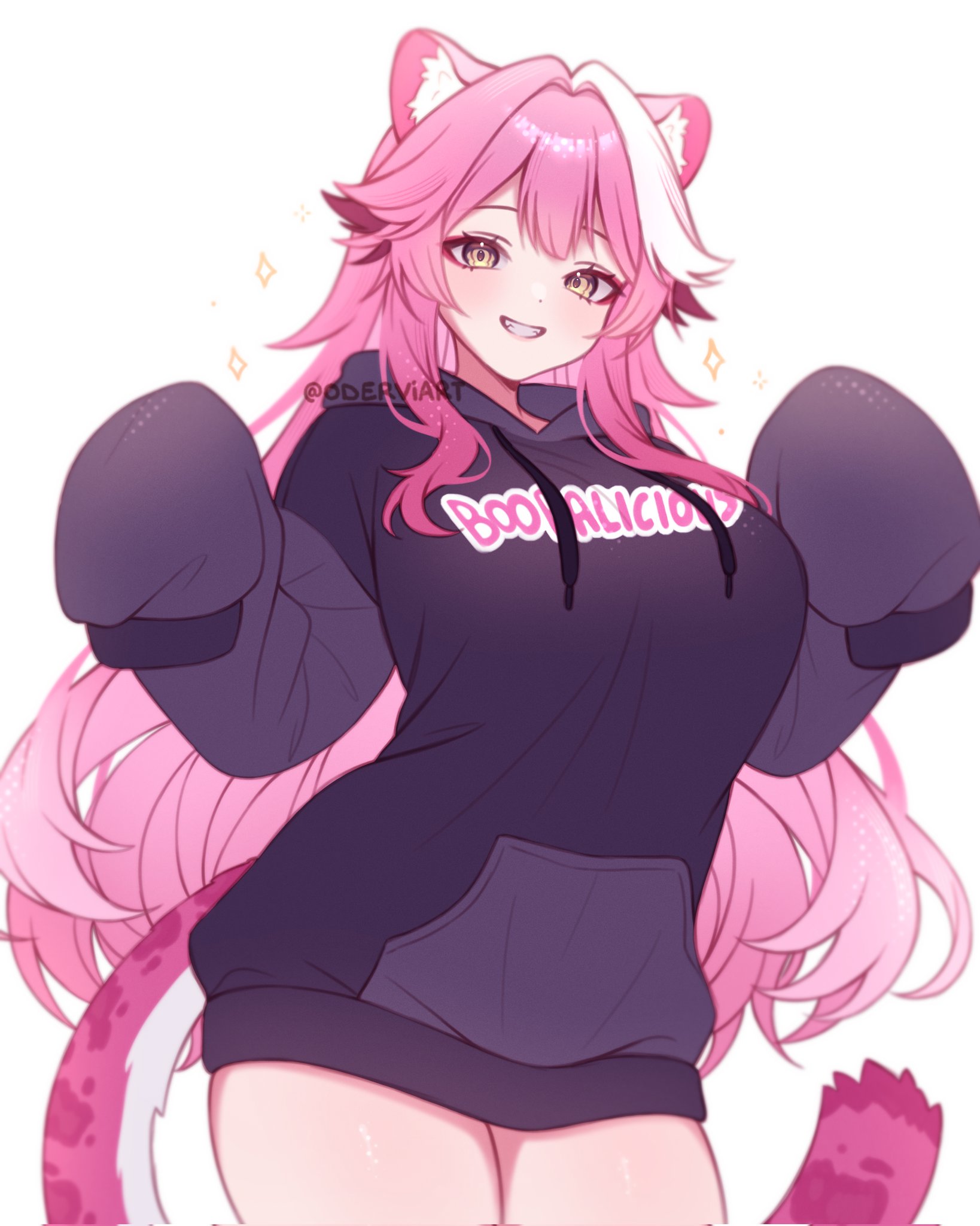 raora panthera, hololive, hololive english, commentary, english commentary, highres, 1girl, animal ear fluff, animal ears, black hoodie, bottomless, clothes writing, double-parted bangs, eyeshadow, grin, hair intakes, hood, hoodie, long hair, looking at viewer, makeup, multicolored hair, oderviart, oversized clothes, panther ears, panther girl, panther tail, pink eyeshadow, pink hair, sleeves past fingers, sleeves past wrists, smile, solo, sparkle, streaked hair, tail, twitter username, virtual youtuber, w arms, white background, white streaks, yellow eyes