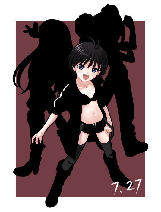 nekopuchi, black rock shooter (character), kikuchi makoto, minase iori, takatsuki yayoi, black rock shooter, idolmaster, idolmaster (classic), idolmaster 1, antenna hair, black hair, black rock shooter (cosplay), blue eyes, boots, bra, cosplay, jacket, lingerie, midriff, short hair, short shorts, shorts, silhouette, smile, thighhighs, twintails, underwear