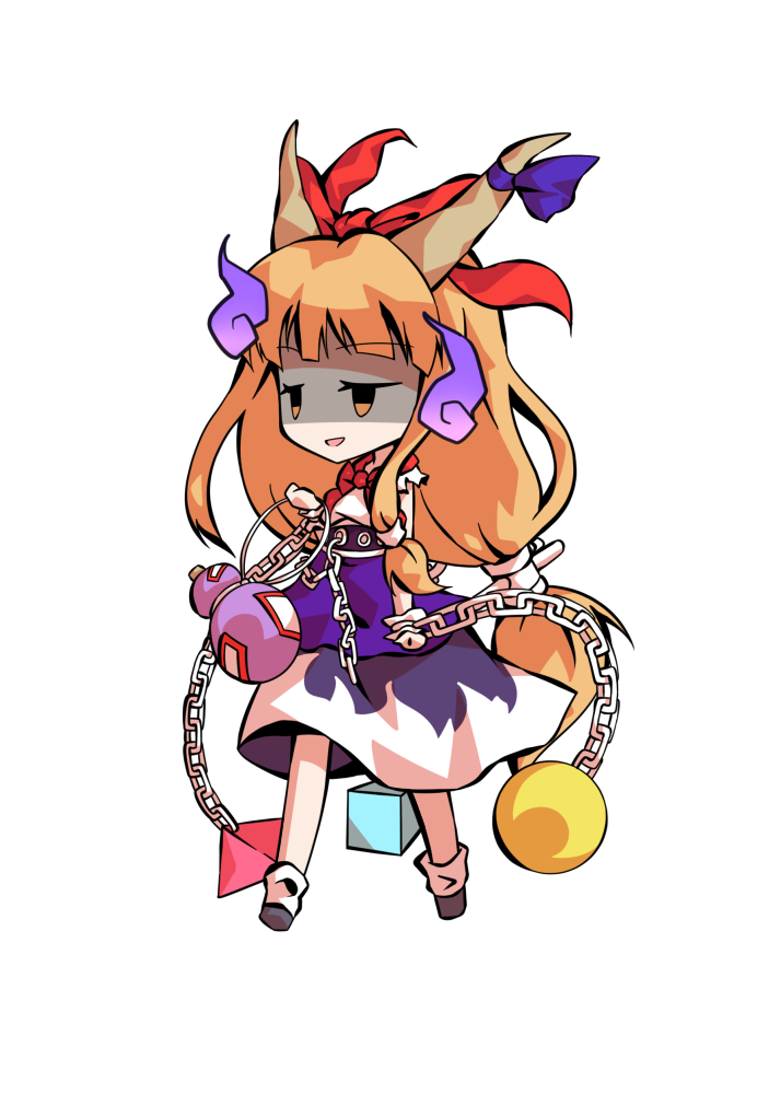 dairi, ibuki suika, touhou, commentary request, large variant set, variant set, 1girl, black shoes, chain, chibi, chibi only, full body, hand up, horns, legs apart, long hair, orange hair, purple skirt, shirt, shoes, skirt, socks, solo, tachi-e, transparent background, weights, white shirt, white socks