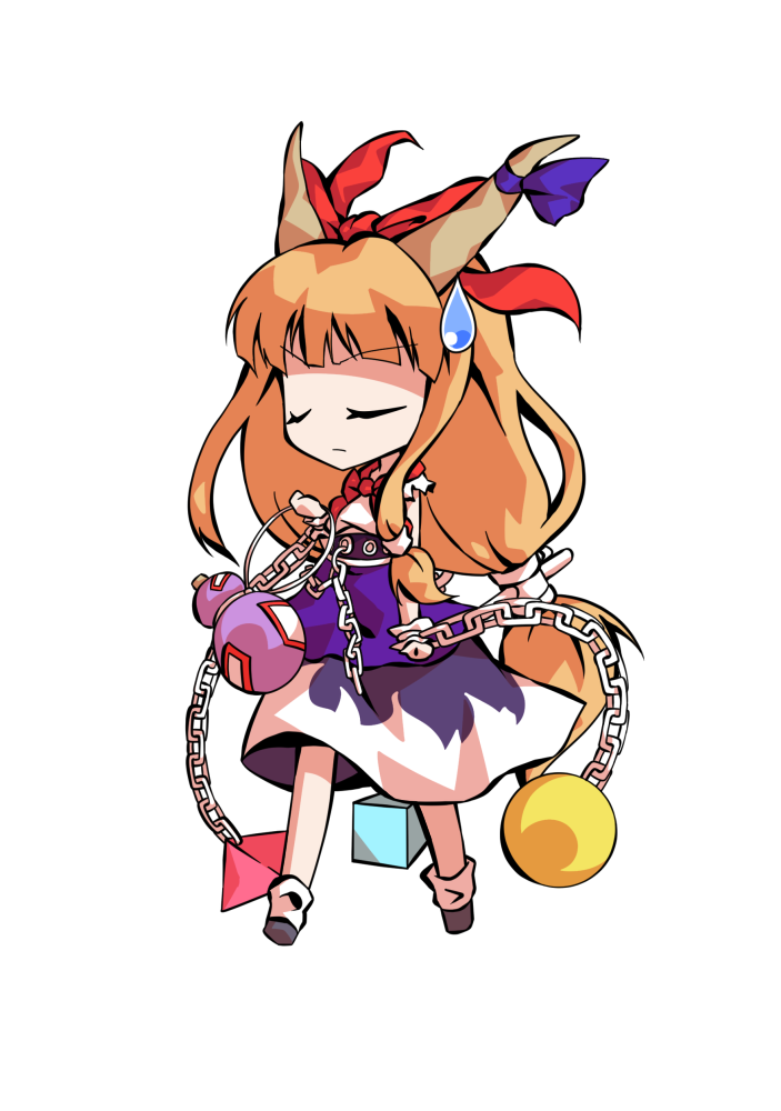 dairi, ibuki suika, touhou, commentary request, large variant set, variant set, 1girl, black shoes, chain, chibi, chibi only, full body, hand up, horns, legs apart, long hair, orange hair, purple skirt, shirt, shoes, skirt, socks, solo, tachi-e, transparent background, weights, white shirt, white socks