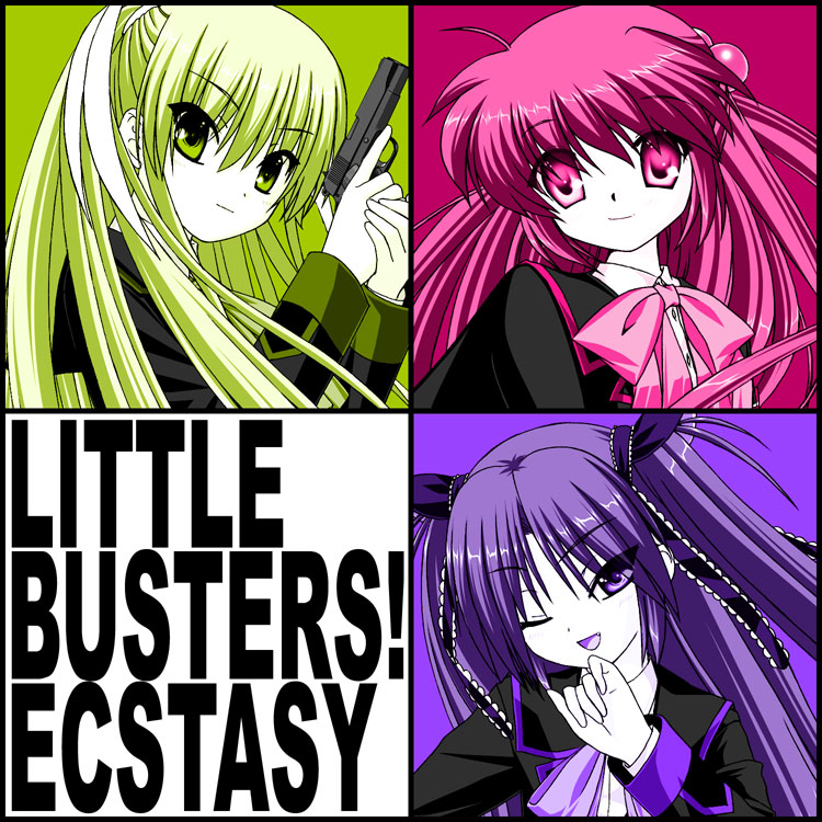 hinoue itaru, na-ga, futaki kanata, sasasegawa sasami, tokido saya, little busters!, 3girls, bow, eyes visible through hair, gun, handgun, m1911, multiple girls, pink bow, pistol, trigger discipline, weapon