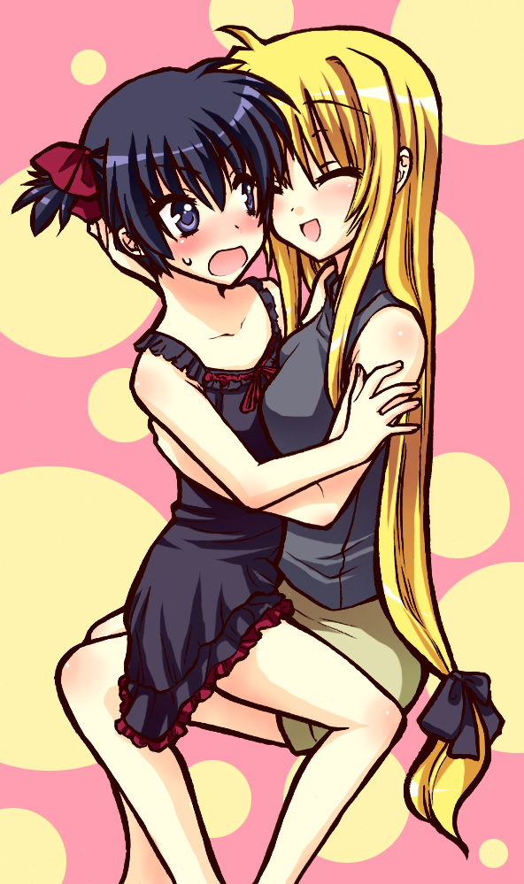 saki chisuzu, chrono harlaown, fate testarossa, lyrical nanoha, mahou shoujo lyrical nanoha, mahou shoujo lyrical nanoha strikers, 00s, 2girls, blonde hair, blush, crossdressing, crossdressing (ftm), long hair, low-tied long hair, multiple girls