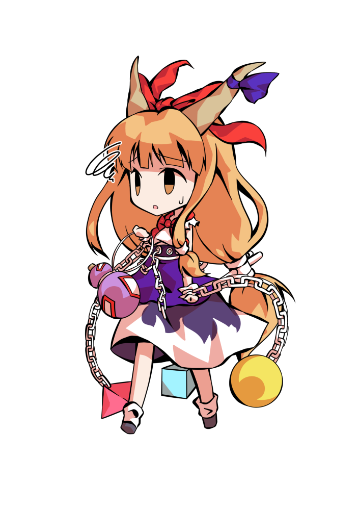 dairi, ibuki suika, touhou, commentary request, large variant set, variant set, 1girl, black shoes, chain, chibi, chibi only, full body, hand up, horns, legs apart, long hair, orange hair, purple skirt, shirt, shoes, skirt, socks, solo, tachi-e, transparent background, weights, white shirt, white socks