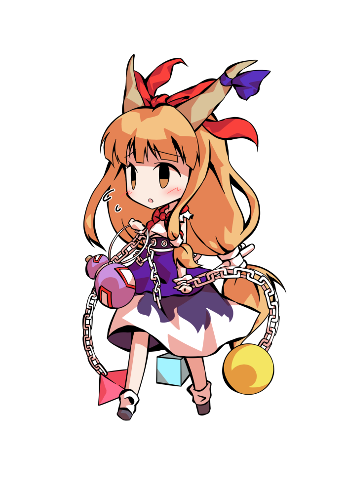 dairi, ibuki suika, touhou, commentary request, large variant set, variant set, 1girl, black shoes, chain, chibi, chibi only, full body, hand up, horns, legs apart, long hair, orange hair, purple skirt, shirt, shoes, skirt, socks, solo, tachi-e, transparent background, weights, white shirt, white socks