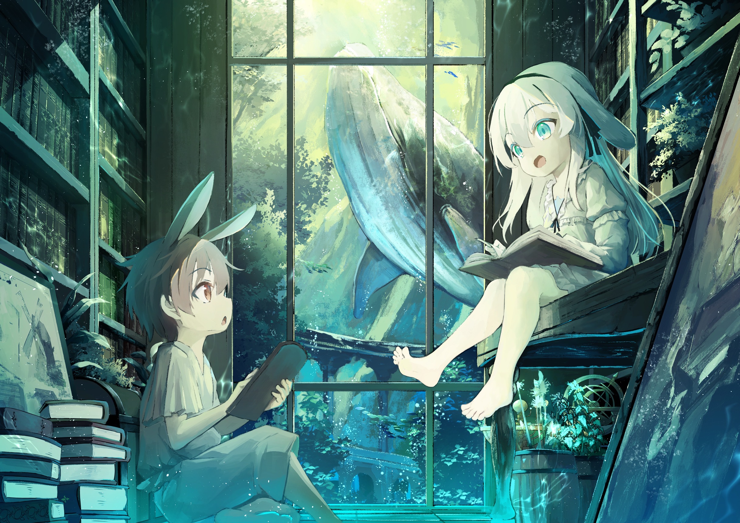utatanecocoa, original, commentary request, highres, 1boy, 1girl, :d, animal, animal ears, barefoot, book, book stack, bookshelf, brown eyes, brown hair, dress, eye contact, flying whale, green eyes, grey dress, grey hair, grey pants, grey shirt, indoors, layered sleeves, long hair, long sleeves, looking at another, open book, open mouth, pants, parted lips, profile, puffy short sleeves, puffy sleeves, rabbit ears, shirt, short over long sleeves, short sleeves, sitting, smile, very long hair, whale, window