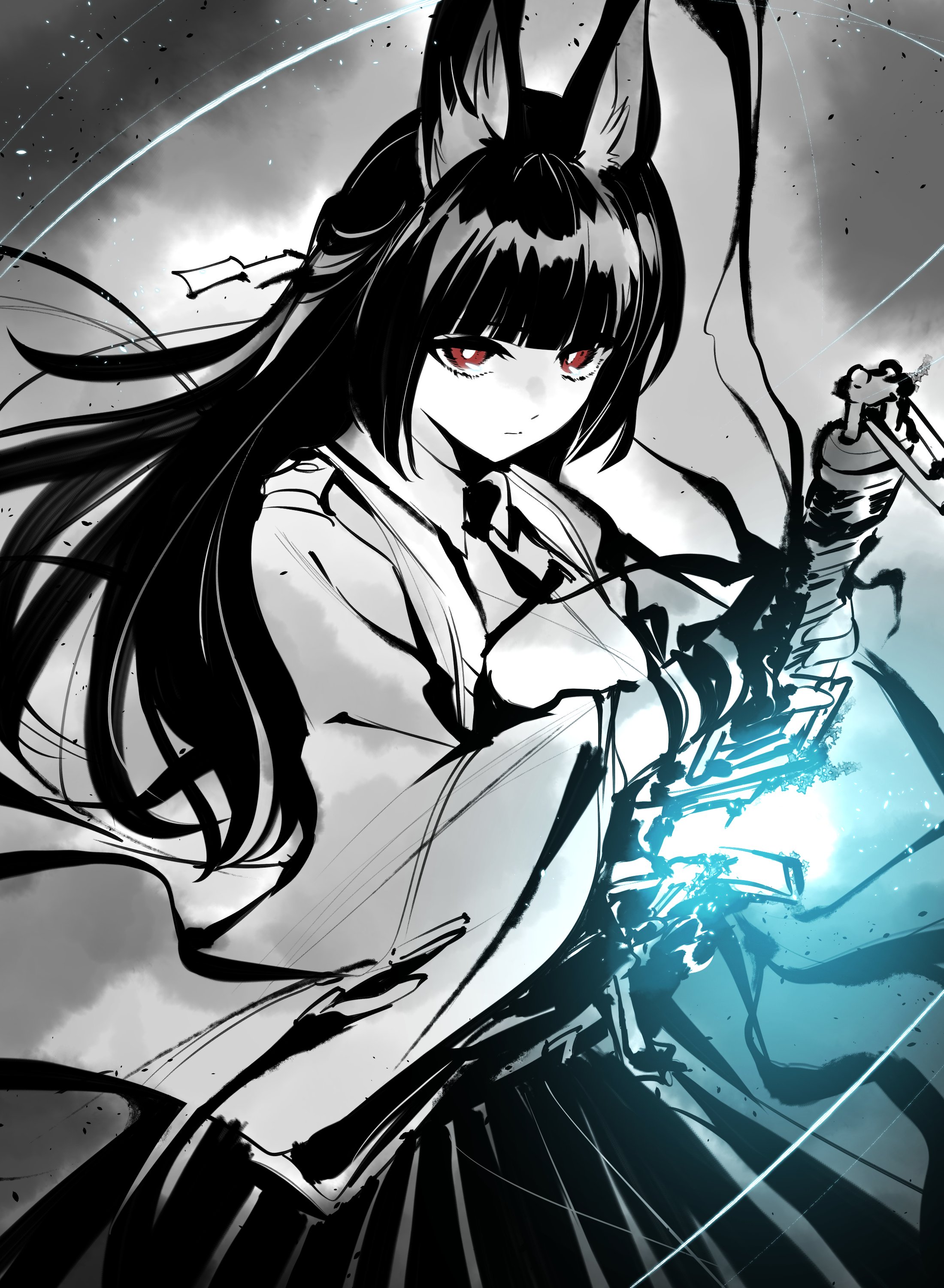 kato takuji, hoshimi miyabi, twitter, zenless zone zero, absurdres, highres, 1girl, animal ears, black hair, greyscale, jacket, katana, long hair, looking at viewer, monochrome, red eyes, shirt, solo, sword, weapon, white shirt