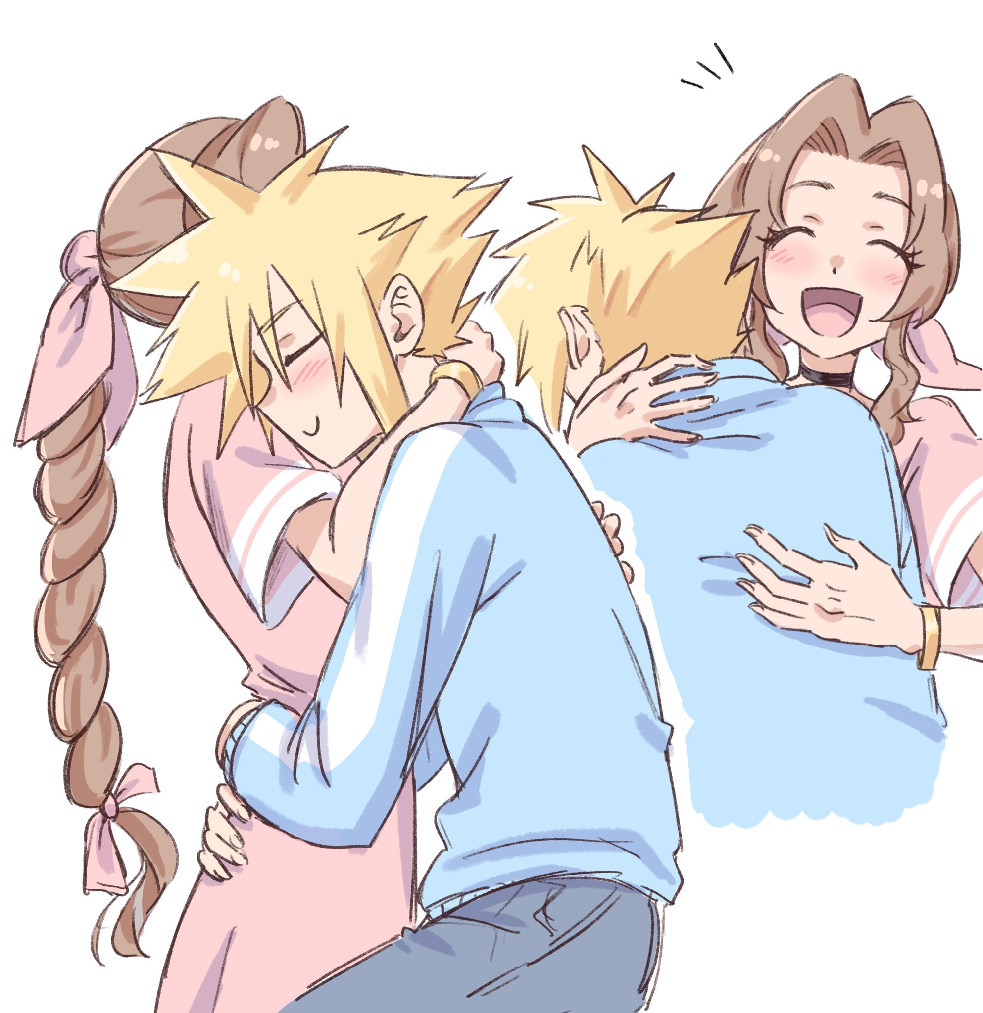 bervens12, aerith gainsborough, cloud strife, final fantasy, final fantasy vii, highres, 1boy, 1girl, alternate costume, arm around back, arm around neck, arms around waist, bangle, blonde hair, blue shirt, blush, bracelet, braid, braided ponytail, brown hair, closed eyes, closed mouth, contemporary, couple, dress, grey pants, hetero, hug, jewelry, long hair, open mouth, pants, parted bangs, pink dress, shirt, short hair, sidelocks, single braid, sketch, smile, spiked hair, upper body, white background