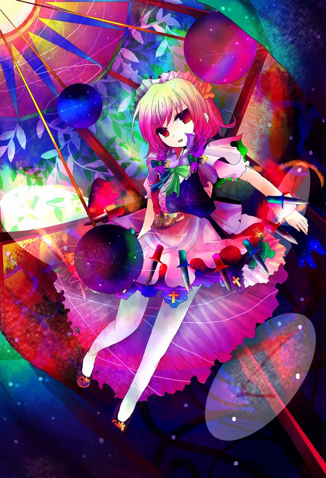 kazu (muchuukai), izayoi sakuya, touhou, bad id, bad pixiv id, 1girl, braid, colorful, female focus, indoors, knife, maid, pantyhose, ribbon, solo, throwing knife, twin braids, weapon, white pantyhose