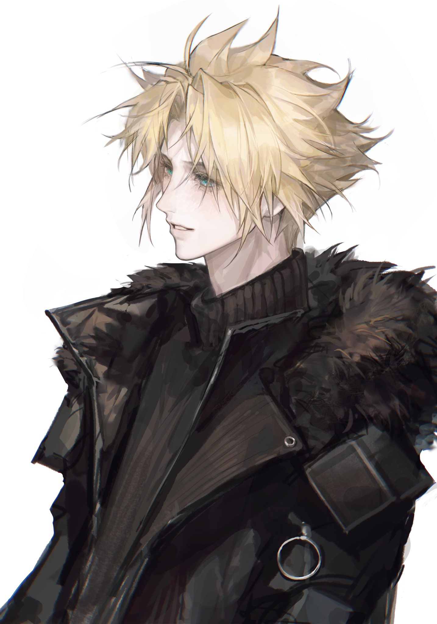 chengzi yucol, cloud strife, final fantasy, final fantasy vii, highres, 1boy, alternate costume, aqua eyes, black coat, black sweater, blonde hair, coat, fur-trimmed coat, fur trim, light smile, male focus, messy hair, parted bangs, parted lips, short hair, solo, spiked hair, sweater, turtleneck, turtleneck sweater, upper body, white background