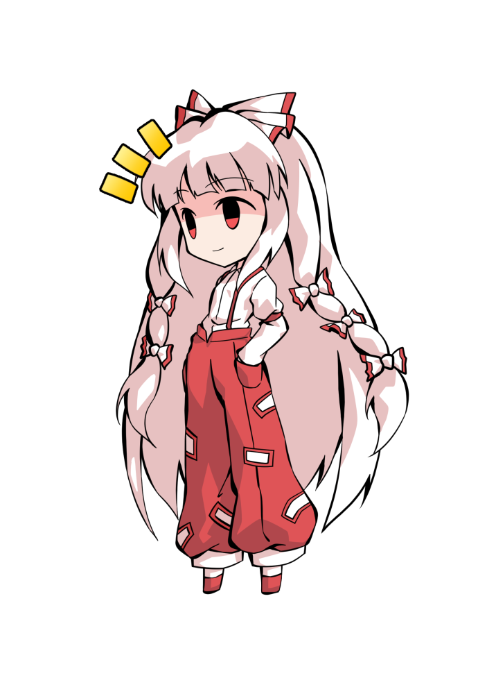 dairi, fujiwara no mokou, touhou, commentary request, large variant set, variant set, 1girl, chibi, chibi only, collared shirt, full body, hands in pockets, long hair, long sleeves, pants, red pants, red shoes, shirt, shoes, sidelocks, socks, solo, suspender pants, tachi-e, transparent background, very long hair, white hair, white shirt, white socks