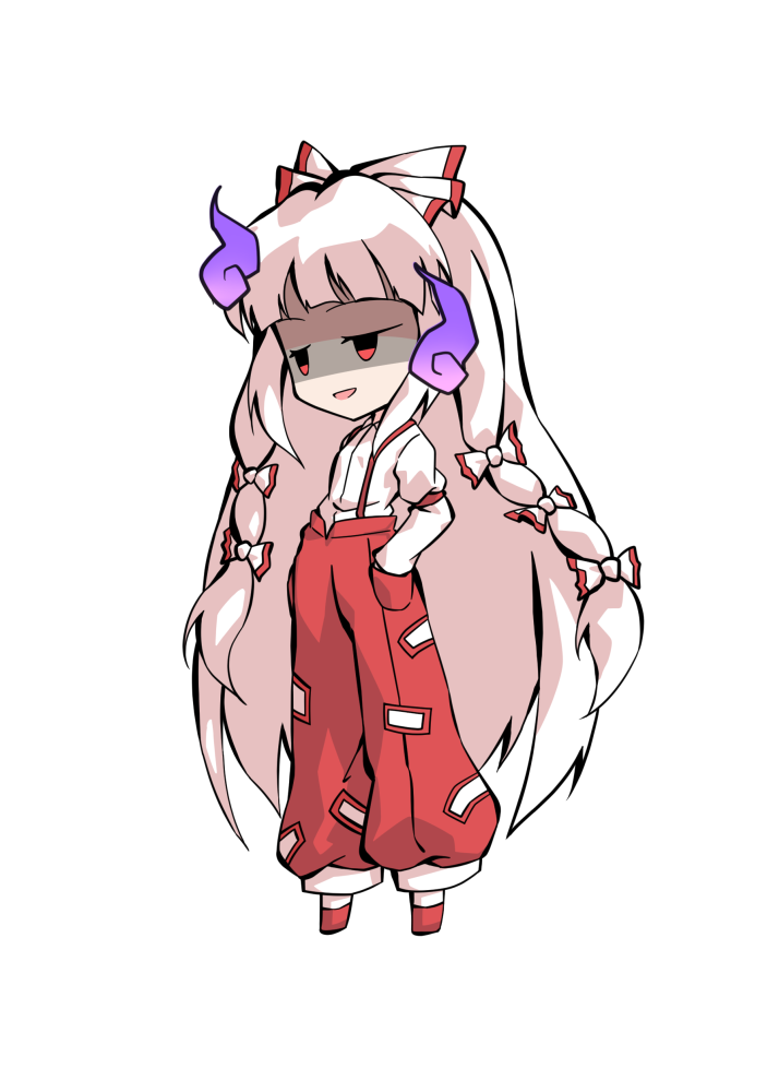 dairi, fujiwara no mokou, touhou, commentary request, large variant set, variant set, 1girl, chibi, chibi only, collared shirt, full body, hands in pockets, long hair, long sleeves, pants, red pants, red shoes, shirt, shoes, sidelocks, socks, solo, suspender pants, tachi-e, transparent background, very long hair, white hair, white shirt, white socks
