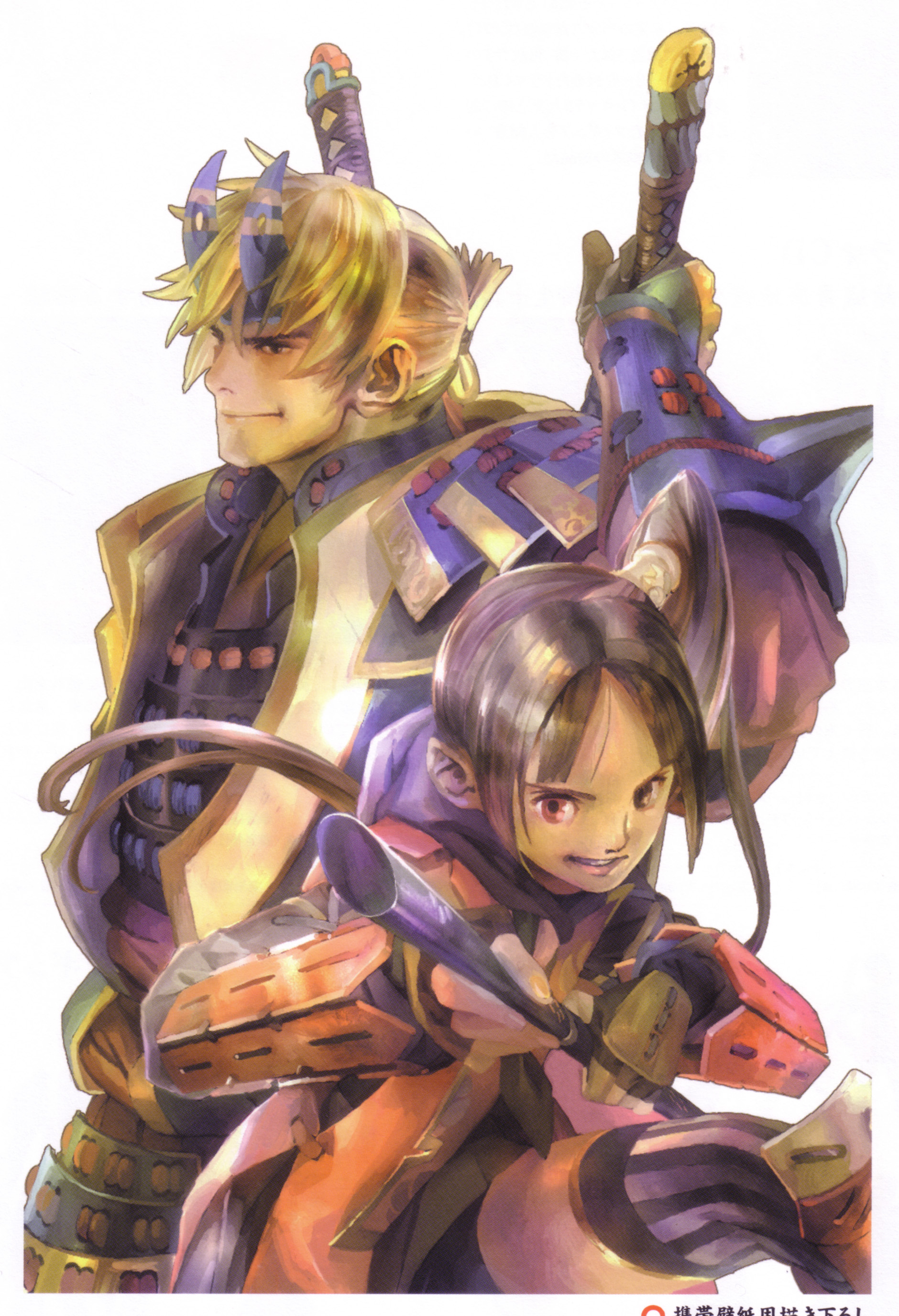 kaijin no souki, yagyu jubei akane, yagyuu juubei (dawn of dreams), yuki hideyasu, capcom, onimusha, onimusha: dawn of dreams, absurdres, highres, 1boy, 1girl, armor, blonde hair, headband, sword, weapon