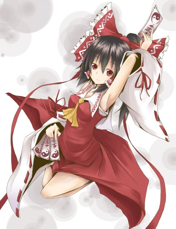 sasaki kouhei, hakurei reimu, imperishable night, touhou, bad id, bad pixiv id, 1girl, armpits, dress, female focus, full body, japanese clothes, miko, ribbon, solo