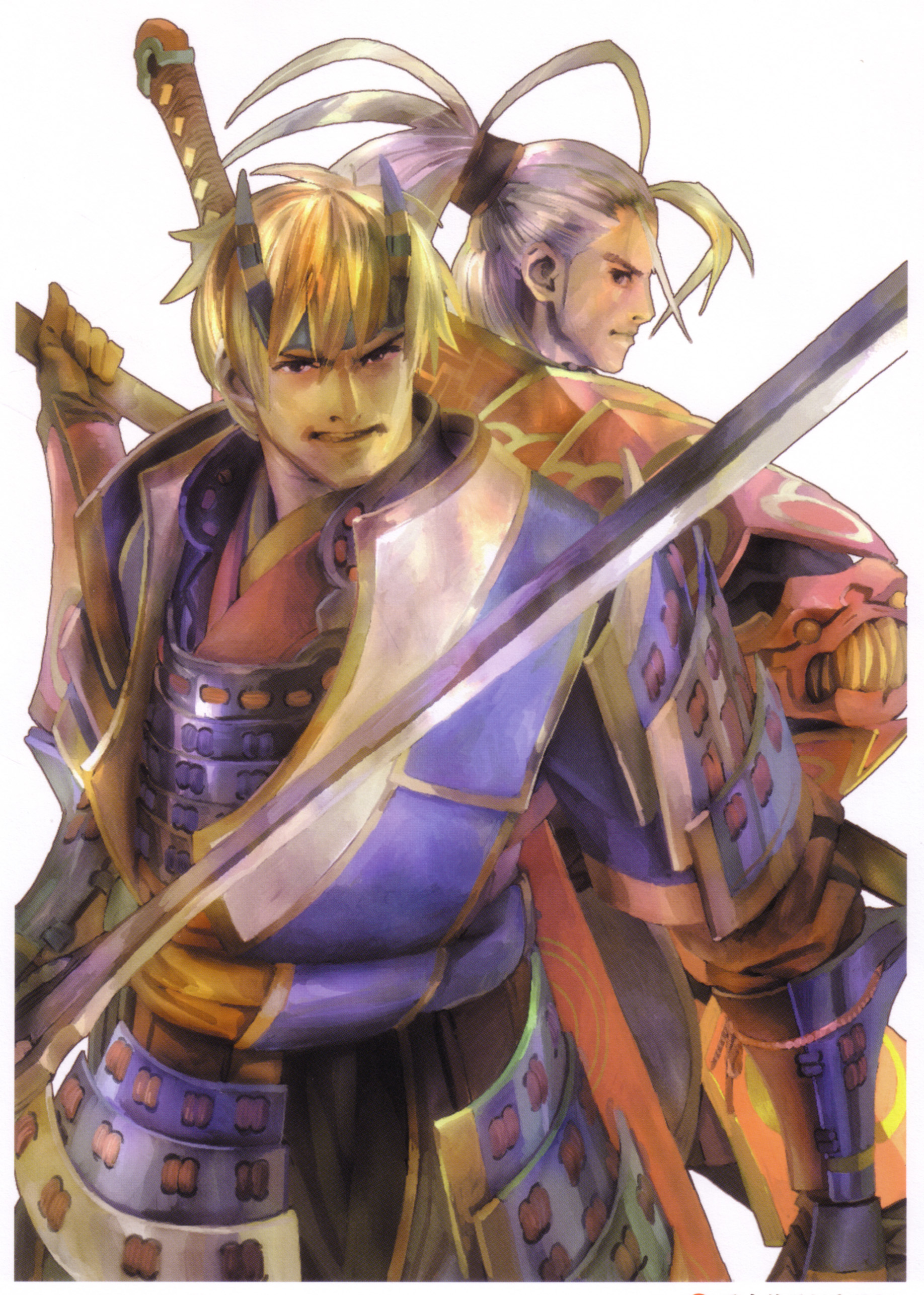 kaijin no souki, nankobo tenkai, nankoubou tenkai, yuki hideyasu, capcom, onimusha, onimusha: dawn of dreams, absurdres, highres, 2boys, armor, blonde hair, headband, male focus, multiple boys, sword, weapon