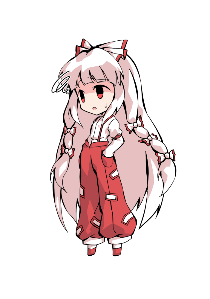 dairi, fujiwara no mokou, touhou, commentary request, large variant set, variant set, 1girl, chibi, chibi only, collared shirt, full body, hands in pockets, long hair, long sleeves, pants, red pants, red shoes, shirt, shoes, sidelocks, socks, solo, suspender pants, tachi-e, transparent background, very long hair, white hair, white shirt, white socks