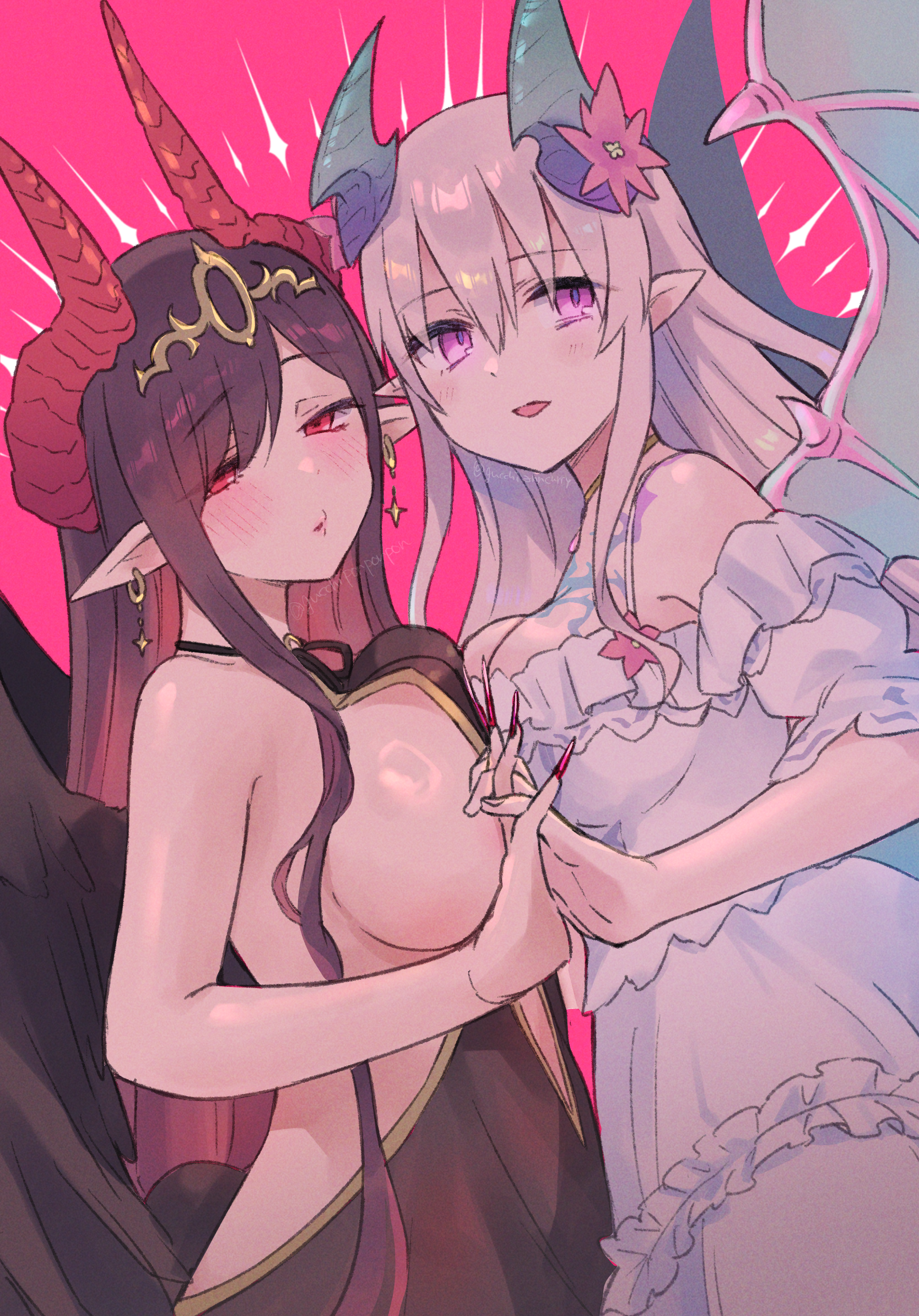 gucchiann, princess connect!, character request, commentary request, highres, 2girls, black dress, black hair, black wings, blush, breast press, breasts, dress, feathered wings, fingernails, flower, frilled dress, frills, grey wings, hair between eyes, headpiece, holding hands, horns, interlocked fingers, large breasts, long fingernails, multiple girls, off-shoulder dress, off shoulder, pink background, pink flower, pointy ears, puffy short sleeves, puffy sleeves, red eyes, red nails, sharp fingernails, short sleeves, sideboob, simple background, smile, symmetrical docking, white dress, wings