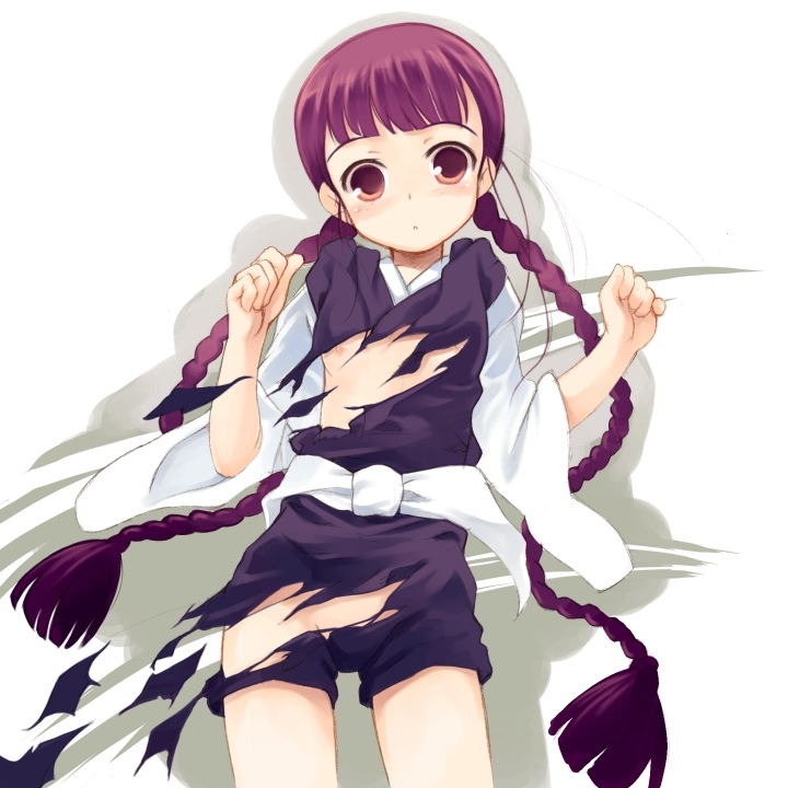 kurasuke, sugai hinata, amaenaideyo!!, 00s, 1girl, aged down, blush, braid, female focus, flat chest, japanese clothes, long hair, looking at viewer, nipples, no bra, no panties, pink eyes, purple eyes, purple hair, shadow, solo, tareme, torn clothes, twin braids, very long hair, white background, wide-eyed