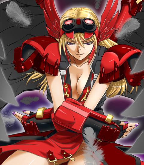 haruyama kazunori, henne valkyrja, banpresto, super robot wars, super robot wars og saga mugen no frontier, 1girl, blonde hair, breasts, cleavage, feathers, female focus, gloves, goggles, long hair, nail polish, no panties, purple eyes, purple nails, solo, wings