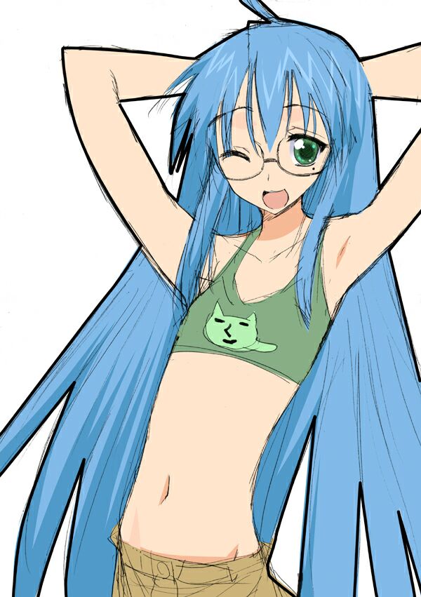 kusaka souji, izumi konata, lucky star, 00s, 1girl, ahoge, arms up, bad anatomy, bespectacled, blue hair, female focus, flat chest, glasses, green eyes, long hair, midriff, mole, mole under eye, one eye closed, solo, tank top, wink
