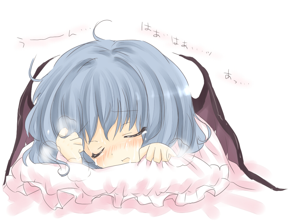 niji (nijioki), remilia scarlet, touhou, bad id, bad pixiv id, 1girl, blue hair, blush, female focus, sleeping, solo, sweat, white background, wings