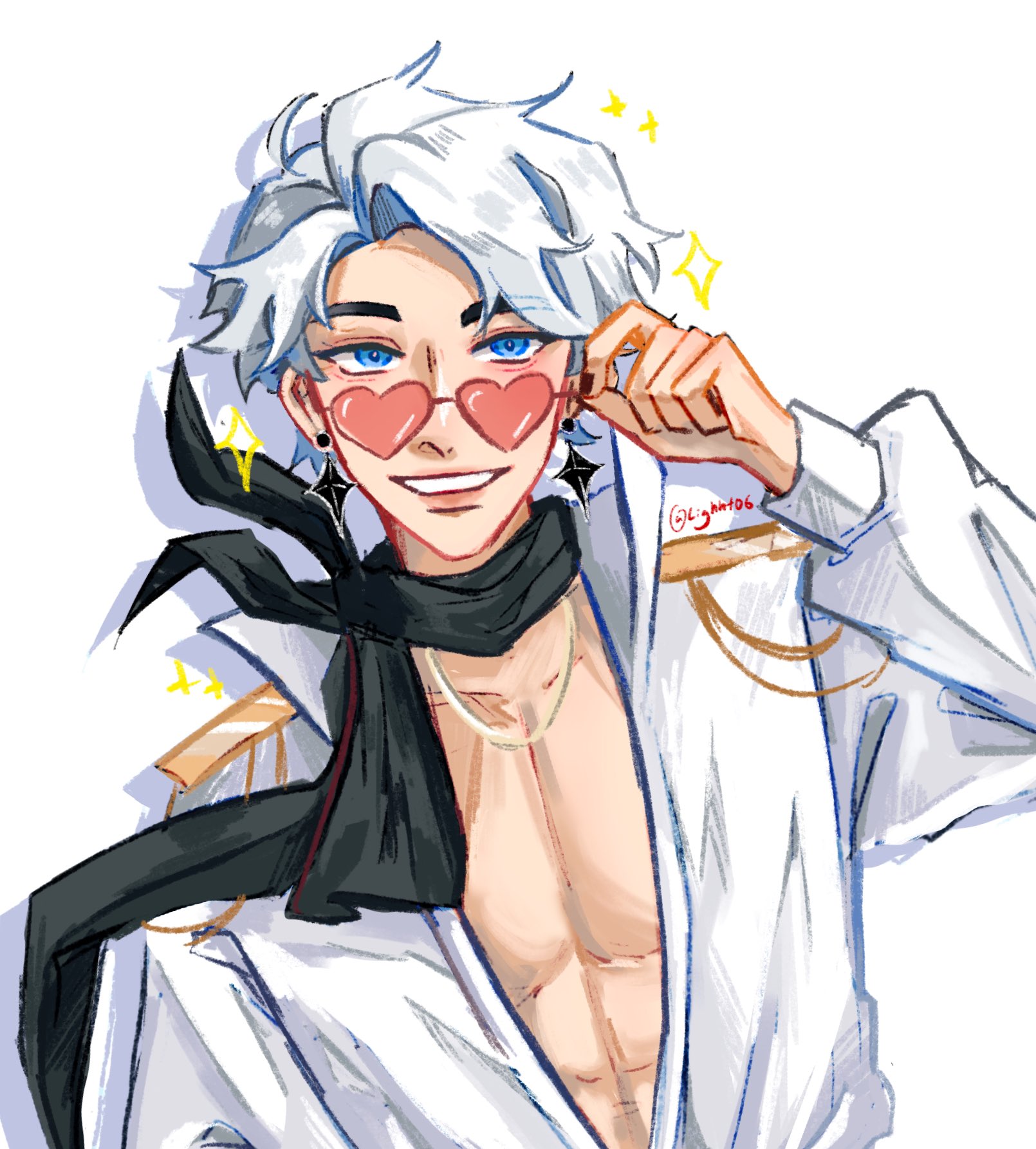nice (to be hero x), to be hero, to be hero x, highres, 1boy, :d, abs, adjusting eyewear, black scarf, blue eyes, curtained hair, epaulettes, heart, heart-shaped eyewear, jewelry, lighht06, looking at viewer, male focus, necklace, open clothes, open mouth, open shirt, pectorals, scarf, shadow, shirt, short hair, smile, solo, sparkle, white hair, white shirt