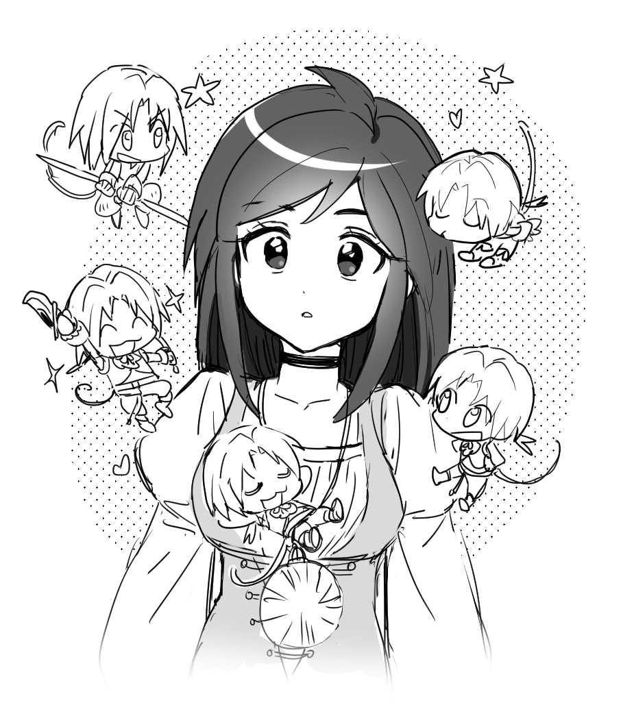 dede (qwea 00000), garnet til alexandros xvii, zidane tribal, final fantasy, final fantasy ix, 1boy, 1girl, arms behind head, black choker, black hair, breasts, cat tail, chibi, chibi inset, choker, crystal, dual wielding, greyscale, holding, jewelry, juliet sleeves, kissing hair, long hair, long sleeves, low ponytail, medium breasts, monochrome, open mouth, parted lips, pendant, ponytail, puffy sleeves, short hair, sketch, smile, tail, upper body