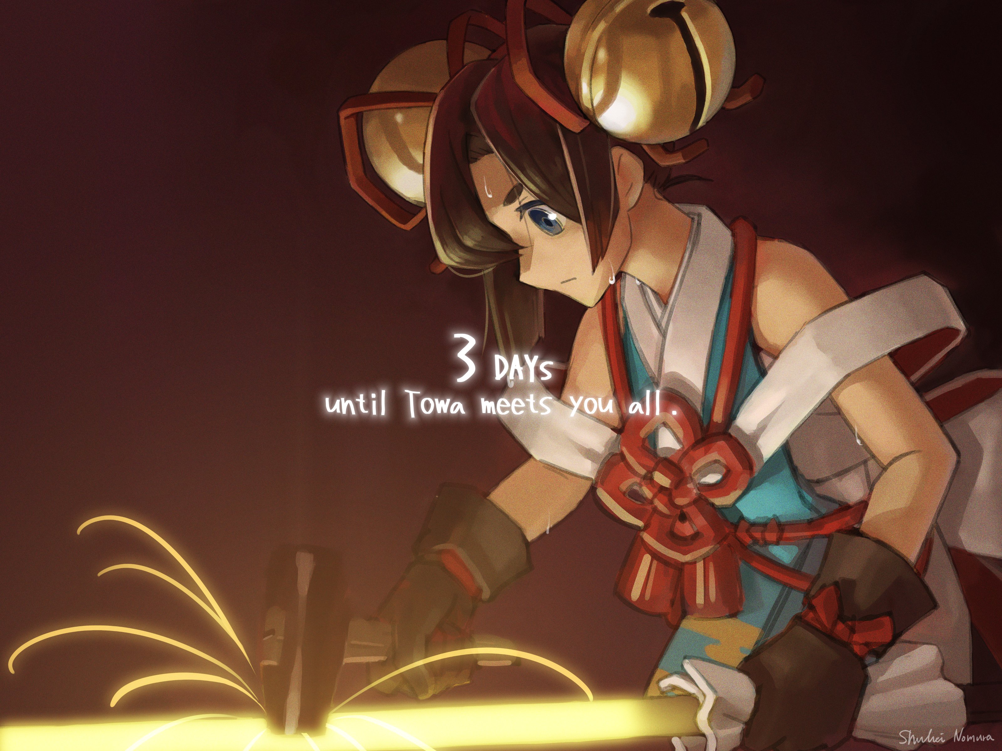 bandai namco, absurdres, commentary request, highres, official art, second-party source, 1girl, artist name, back bow, bare arms, bare shoulders, bell, black sleeves, blacksmith, blue eyes, blunt sidelocks, bow, countdown illustration, english text, expressionless, flower knot, hair bell, hair ornament, hair ribbon, holding, holding mallet, holding rod, impasto, jingle bell, juban, large bow, looking at object, mallet, nomura shuhei, official alternate costume, profile, red background, red ribbon, ribbon, rod, short eyebrows, short hair, sidelocks, signature, simple background, single hair intake, solo, sweat, sweatdrop, thick eyebrows, towa (towa and the guardians of the sacred tree), towa and the guardians of the sacred tree, two-sided bow, working