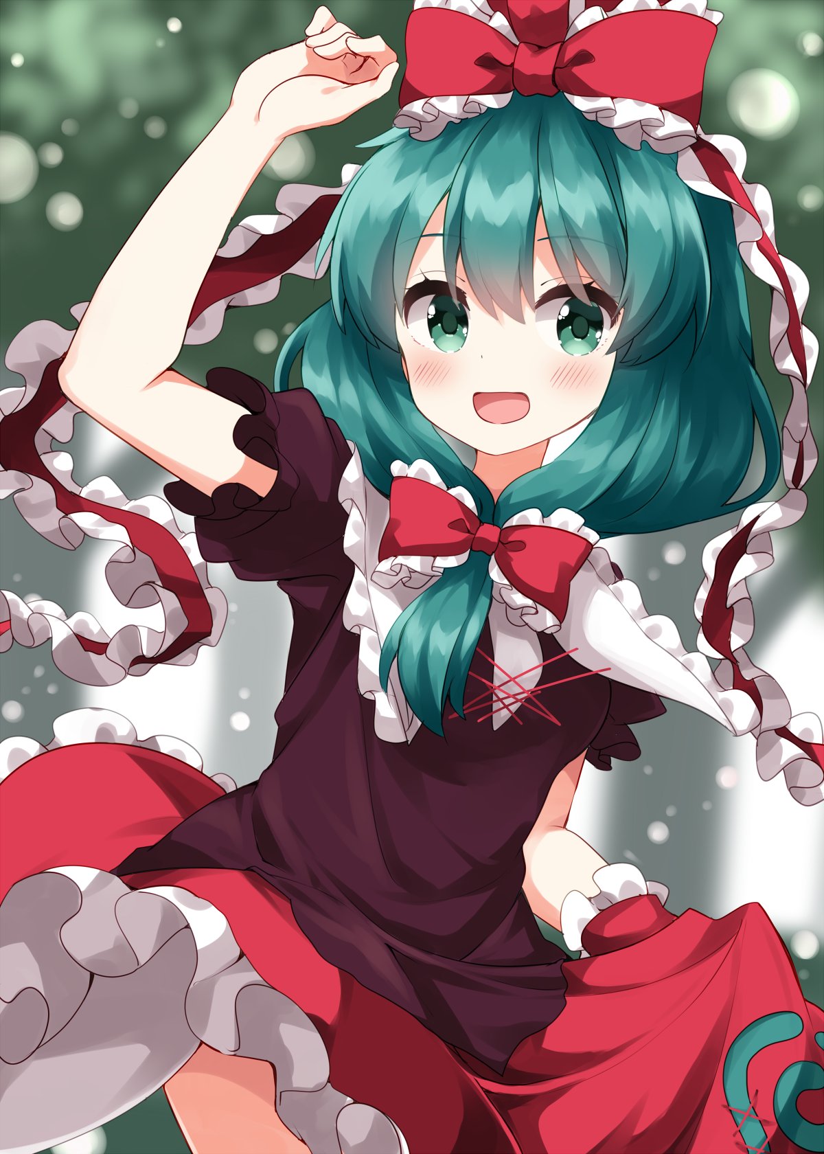 ruu (tksymkw), kagiyama hina, touhou, commentary, highres, 1girl, :d, arm up, blurry, blurry background, blush, bow, cowboy shot, dress, frilled bow, frilled dress, frills, front ponytail, green eyes, green hair, hair bow, long hair, looking at viewer, open mouth, red bow, red dress, smile, solo