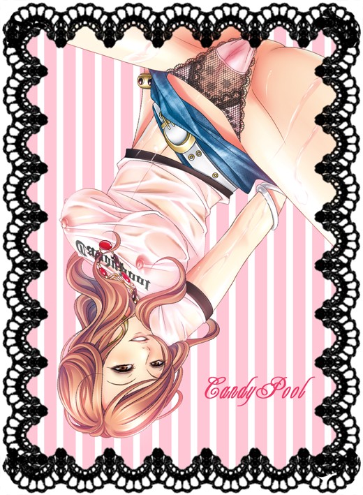 momoi komomo, original, 1girl, belt, bracelet, breasts, brown eyes, brown hair, candy pool, denim, denim skirt, female focus, gyaru, jewelry, kogal, lace, lace-trimmed panties, lace trim, long hair, looking at viewer, medium breasts, nipples, no bra, panties, pink panties, see-through clothes, shirt, skirt, solo, spread legs, t-shirt, thong, underwear, upside-down, wet, wet clothes, wet shirt