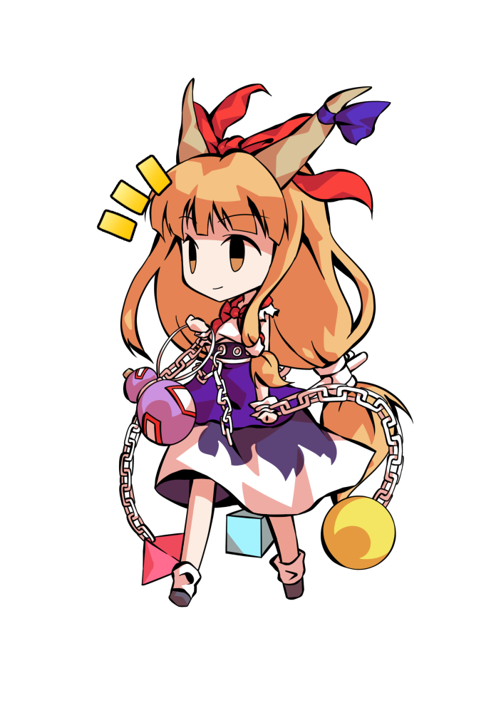 dairi, ibuki suika, touhou, commentary request, large variant set, variant set, 1girl, black shoes, chain, chibi, chibi only, full body, hand up, horns, legs apart, long hair, orange hair, purple skirt, shirt, shoes, skirt, socks, solo, tachi-e, transparent background, weights, white shirt, white socks