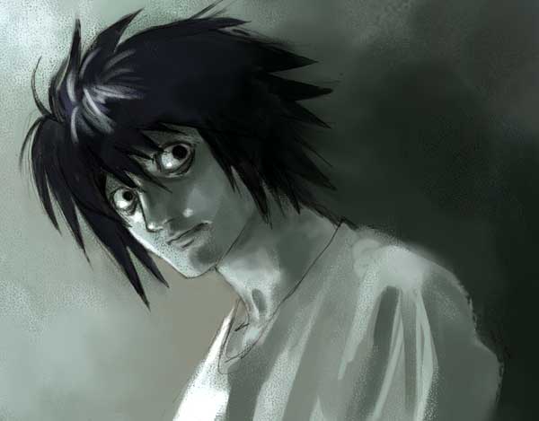 itou satoshi, l (death note), death note, jpeg artifacts, 00s, 1boy, bags under eyes, black hair, creepy, dark, horror (theme), looking at viewer, male focus, realistic, solo
