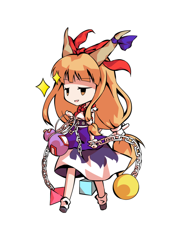 dairi, ibuki suika, touhou, commentary request, large variant set, variant set, 1girl, black shoes, chain, chibi, chibi only, full body, hand up, horns, legs apart, long hair, orange hair, purple skirt, shirt, shoes, skirt, socks, solo, tachi-e, transparent background, weights, white shirt, white socks