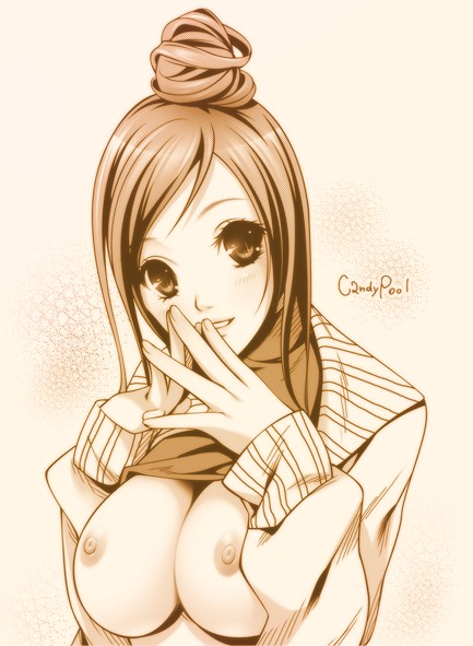 momoi komomo, original, 1girl, breasts, clothes lift, female focus, gradient background, hair bun, large breasts, looking at viewer, monochrome, nipples, parted lips, shirt lift, single hair bun, solo, steepled fingers