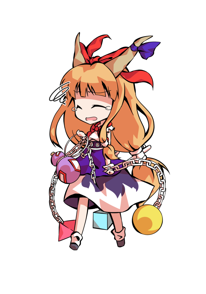dairi, ibuki suika, touhou, commentary request, large variant set, variant set, 1girl, black shoes, chain, chibi, chibi only, full body, hand up, horns, legs apart, long hair, orange hair, purple skirt, shirt, shoes, skirt, socks, solo, tachi-e, transparent background, weights, white shirt, white socks