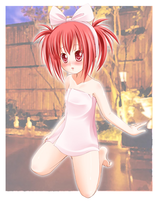 kooh (pangya), pangya, blush, bow, naked towel, red eyes, red hair, ribbon, solo, towel, twintails