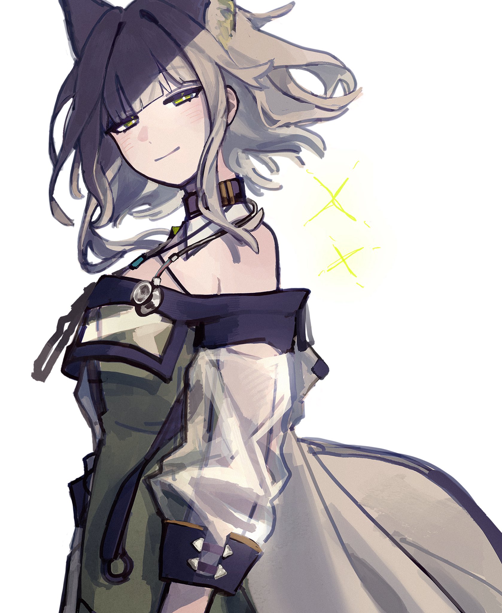 coffee toranpu, kal'tsit (arknights), arknights, highres, 1girl, animal ear fluff, animal ears, bare shoulders, black choker, blunt bangs, blush, cat ears, cat girl, choker, closed mouth, dot nose, dress, extra ears, from side, green dress, green eyes, green hair, halterneck, jacket, long sleeves, looking at viewer, medium hair, off-shoulder jacket, off shoulder, open clothes, open jacket, see-through clothes, see-through jacket, simple background, smile, solo, sparkle, squinting, stethoscope, stethoscope around neck, upper body, white background