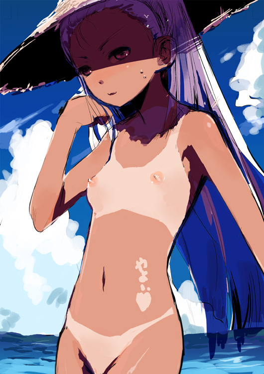yamane masato, minase iori, idolmaster, idolmaster (classic), idolmaster 1, colorized, 00s, 1girl, beach, bikini tan, breasts, cloud, cowboy shot, day, female focus, flat chest, hat, long hair, nipples, nude, ocean, out-of-frame censoring, outdoors, purple hair, red eyes, sky, small breasts, small nipples, solo, sun hat, tan, tan tattoo, tanline, tattoo, very long hair