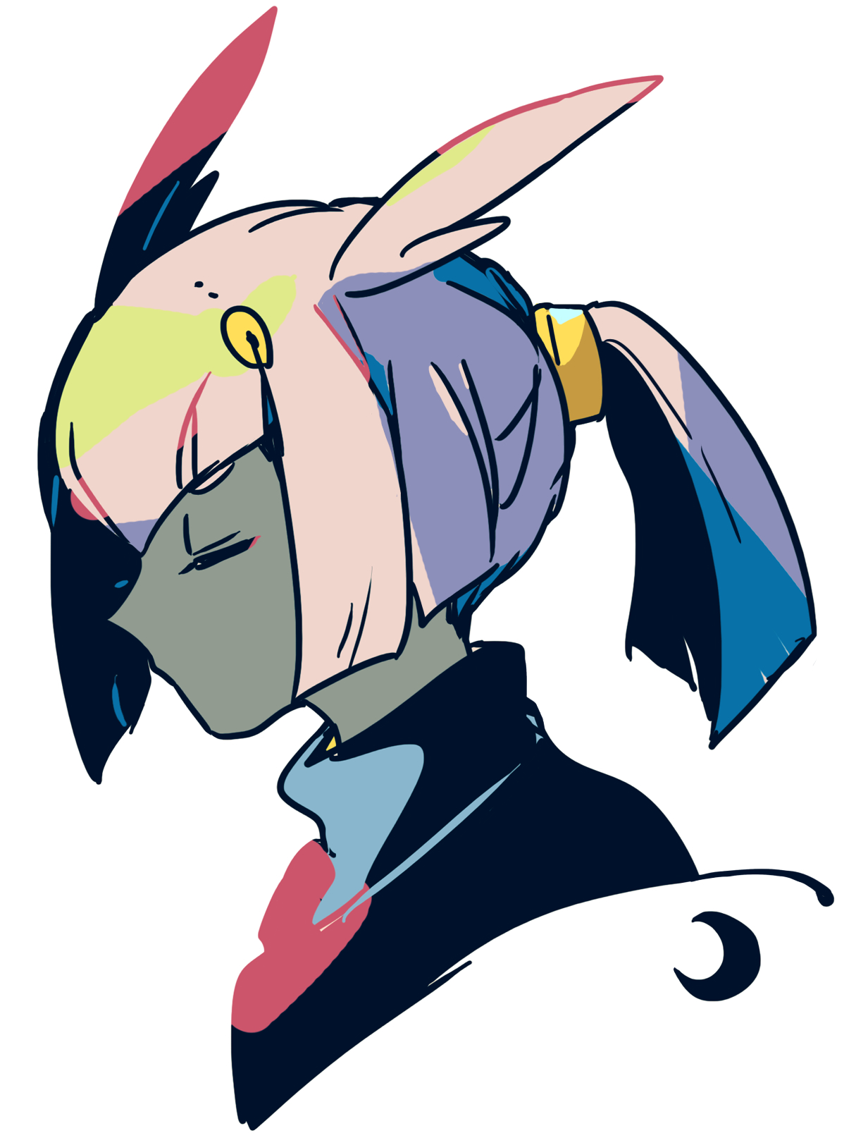 mizuki tsukimori, sky child, sky: children of the light, character request, check character, commentary request, highres, 1girl, blue collar, closed eyes, collar, crescent, from side, head wings, no mouth, ponytail, red shirt, shirt, short hair, solo, upper body, white background, white hair, wings