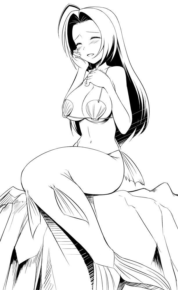 takayaki, miura azusa, idolmaster, idolmaster (classic), idolmaster 1, 00s, 1girl, ahoge, bikini, blush, breasts, closed eyes, female focus, fins, greyscale, hand on own cheek, hand on own chest, hand on own face, large breasts, long hair, mermaid, monochrome, monster girl, rock, shell, shell bikini, sitting, smile, solo