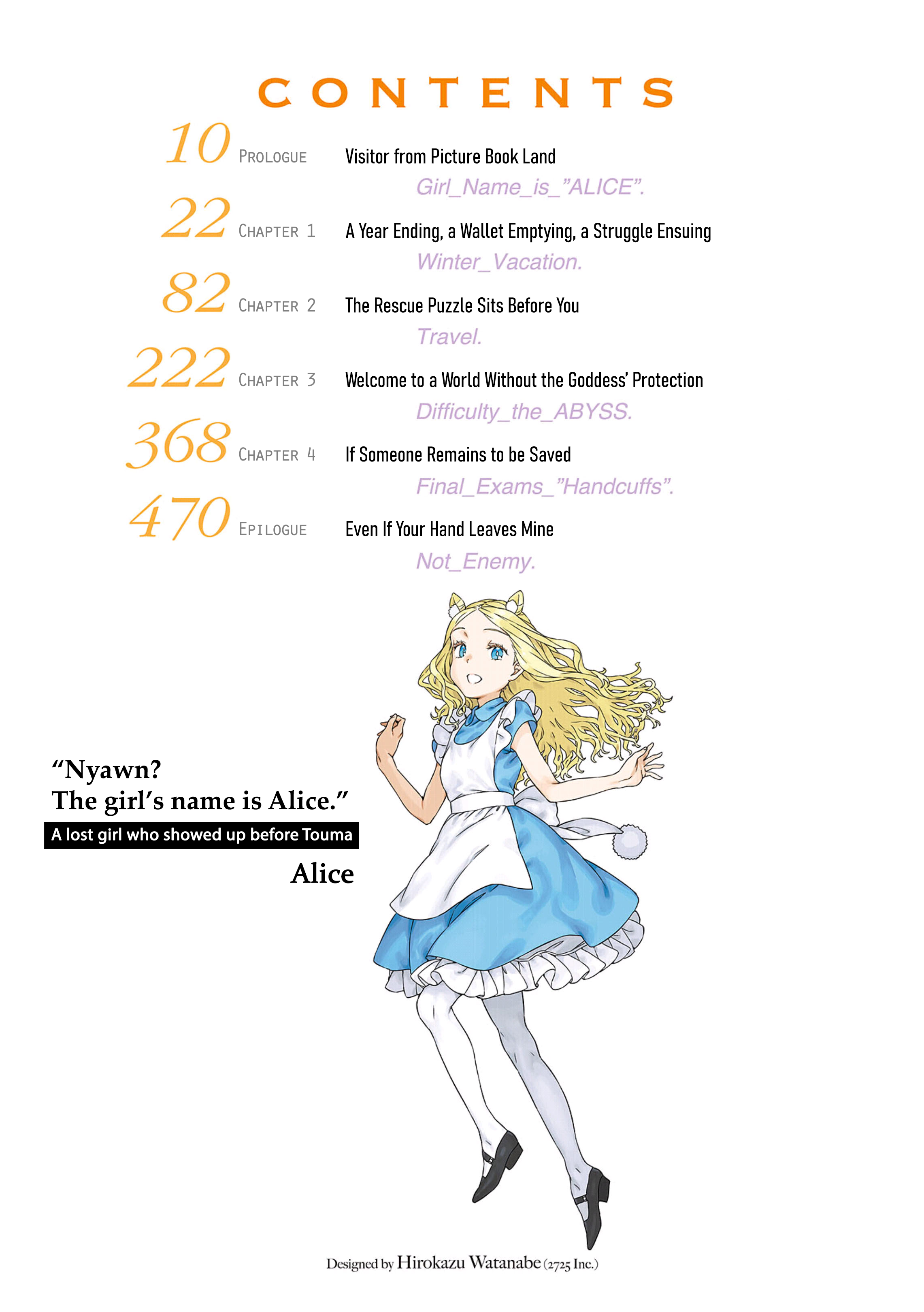 haimura kiyotaka, alice anotherbible, toaru majutsu no index, toaru majutsu no index: genesis testament, absurdres, highres, novel illustration, official art, 1girl, apron, blonde hair, blue dress, blue eyes, dress, english text, looking at viewer, pantyhose, text focus, white apron, white pantyhose