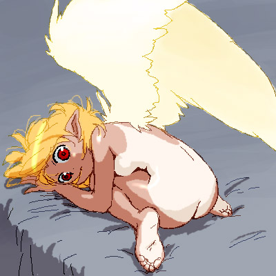 jinroku, lowres, 1girl, angel, angel wings, ass, barefoot, bed, bent over, blonde hair, feet, female focus, loli, looking at viewer, nude, oekaki, one-piece tan, pointy ears, red eyes, sitting, soles, solo, tan, tanline, wariza, wings