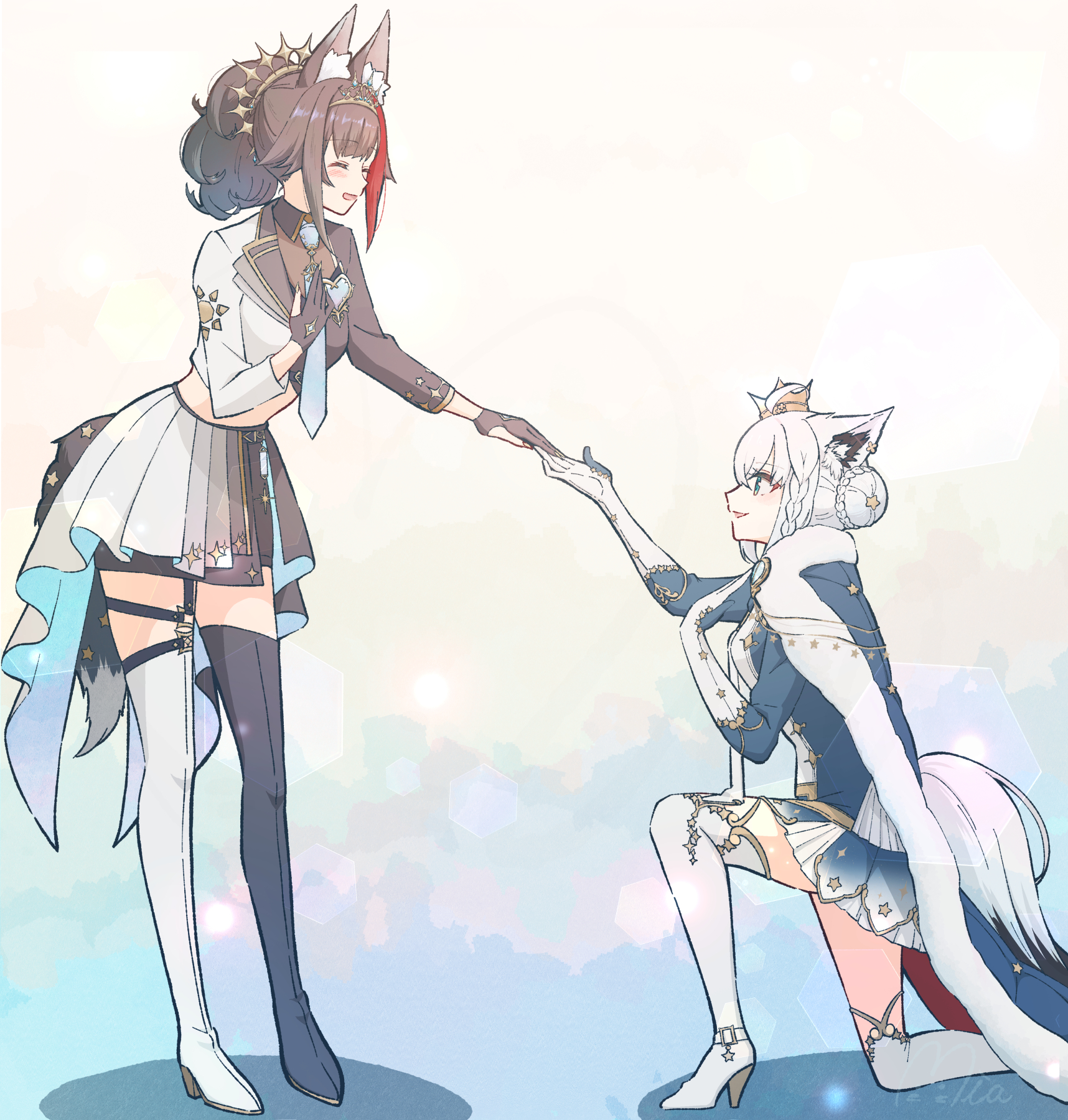 mia960, ookami mio, shirakami fubuki, shirakami fubuki (fbkingdom), hololive, highres, 2girls, ahoge, animal ear fluff, animal ears, asymmetrical legwear, black gloves, black hair, black thighhighs, blue cape, blue dress, blush, braid, breasts, bun with braided base, cape, closed eyes, crown, dress, fox ears, fox girl, fox tail, fur-trimmed cape, fur trim, gloves, hand on own chest, long hair, long sleeves, looking at another, medium breasts, midriff, mini crown, multicolored hair, multiple girls, official alternate costume, official alternate hairstyle, open mouth, partially fingerless gloves, pleated skirt, ponytail, red hair, skirt, smile, tail, thighhighs, virtual youtuber, white gloves, white hair, white thighhighs, wolf ears, wolf girl, wolf tail