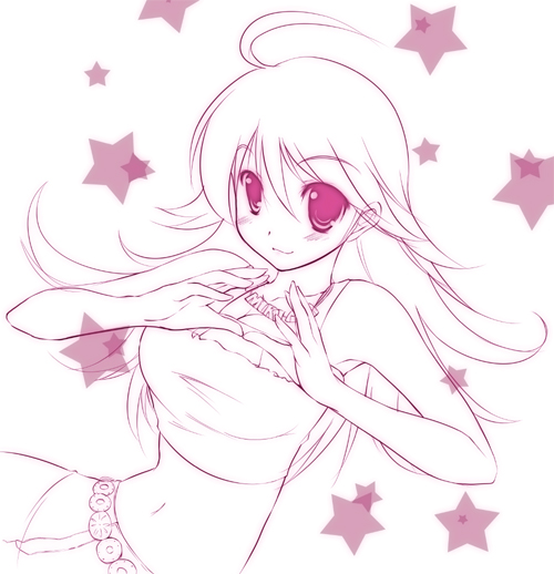 kamishiro mai (artist), kamishiro mai (capti-no), hoshii miki, idolmaster, idolmaster (classic), idolmaster 1, 00s, 1girl, :3, ahoge, bare arms, bare shoulders, breasts, cleavage, closed mouth, cowboy shot, crop top, female focus, long hair, looking at viewer, medium breasts, monochrome, navel, purple theme, sketch, skirt, sleeveless, smile, solo, star (symbol), stomach, tareme