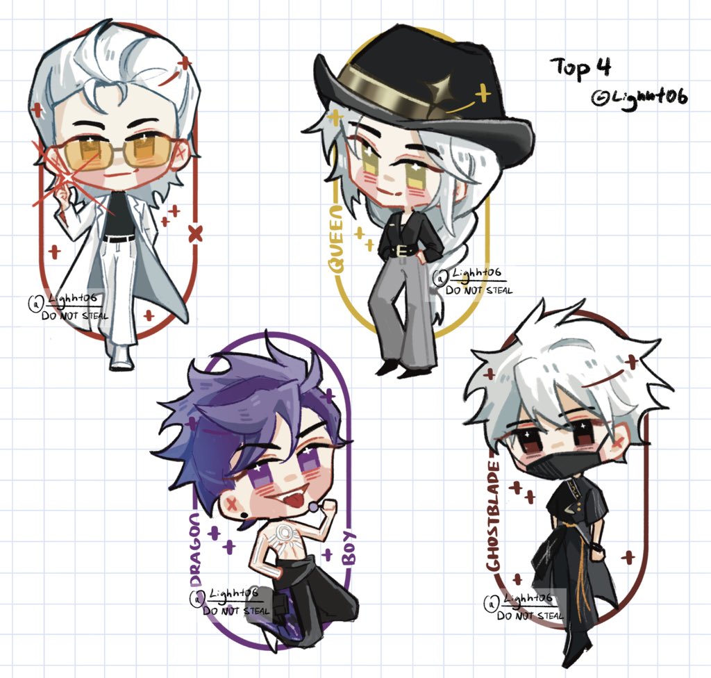 x (to be hero x), to be hero, to be hero x, 1girl, 3boys, :p, arm behind back, belt, black eyes, black shirt, braid, character name, chest tattoo, chibi, chibi only, coat, expressionless, fedora, full body, grid background, hair slicked back, hands on own hips, hat, holding, holding microphone, kneeling, lighht06, long hair, mask, microphone, mouth mask, mullet, multiple boys, no shirt, open clothes, open coat, purple eyes, purple hair, shirt, short hair, single braid, smile, snapping fingers, sparkle, tattoo, tinted eyewear, tongue, tongue out, very long hair, walking towards viewer, white coat, white hair, yellow-tinted eyewear, yellow eyes