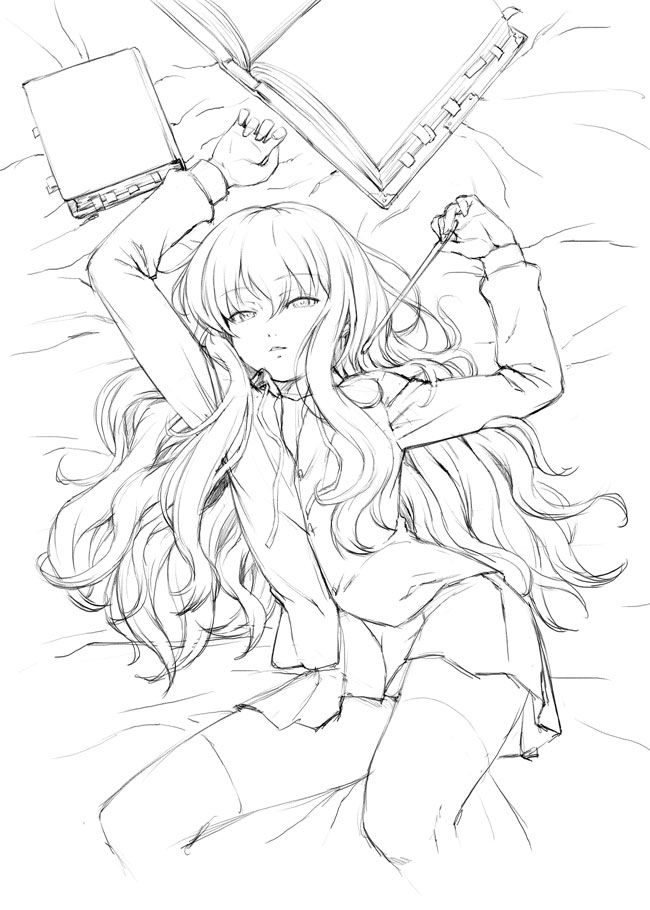 chyko, louise francoise le blanc de la valliere, zero no tsukaima, 00s, 1girl, bed, book, collared shirt, female focus, greyscale, half-closed eyes, lineart, long hair, miniskirt, monochrome, shirt, skirt, solo, thighhighs, very long hair, wand, wavy hair