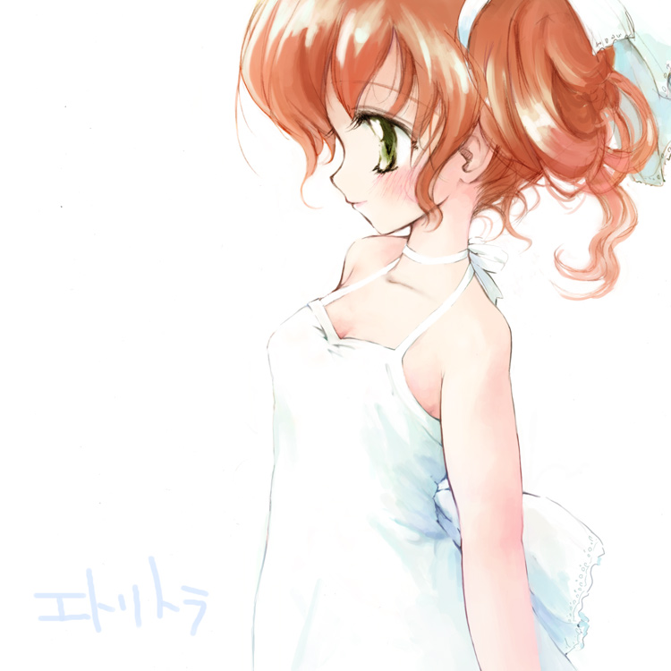 mimukamu, original, 1girl, bare shoulders, blush, breasts, brown hair, cleavage, collarbone, dress, female focus, green hair, hair ribbon, ribbon, short hair, simple background, sleeveless, sleeveless dress, small breasts, smile, solo, spaghetti strap, sundress, upper body, white background, white dress